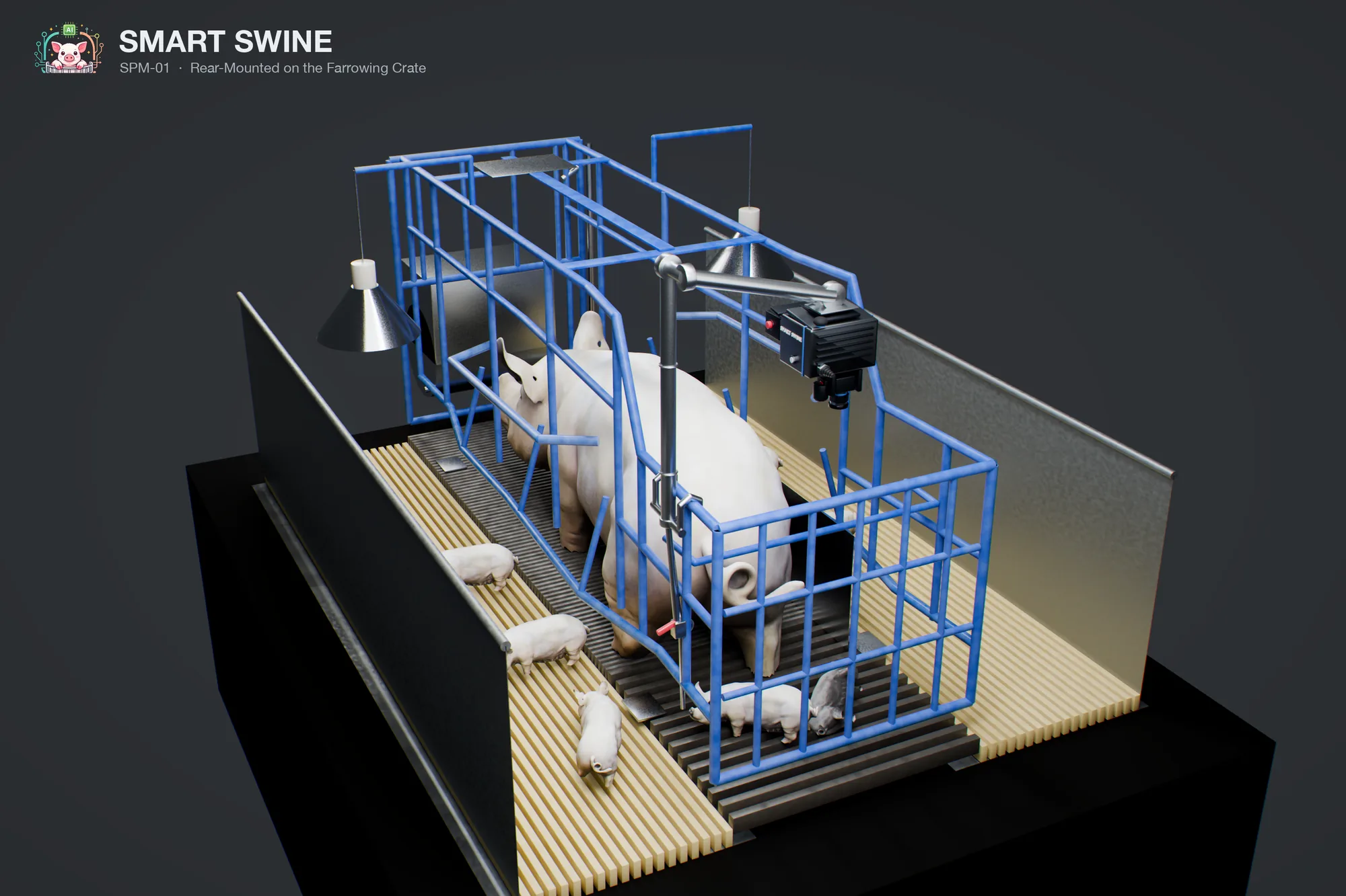 SPM-01 mounted inside a farrowing crate above the sow, concept industrial design