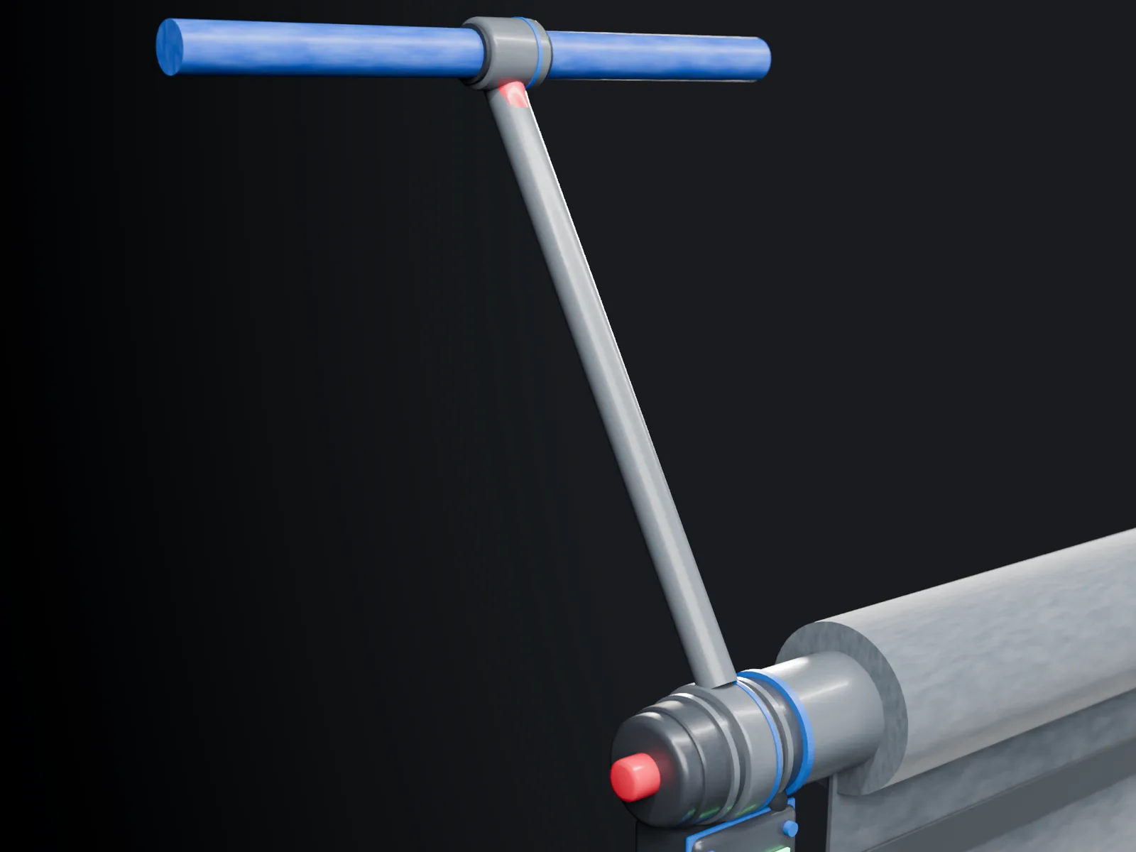 Saddle clamp and drop arm hanging the SPC-01 roller from the crate top rail, concept industrial design
